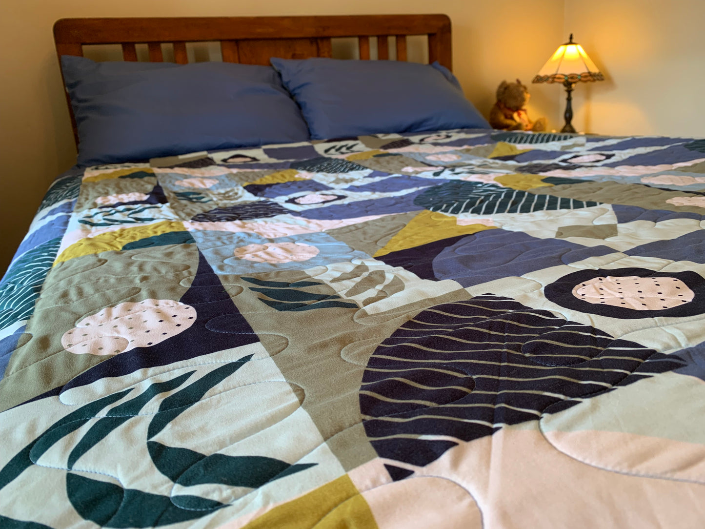 'Blue Deco Geo' Queen Quilt #130